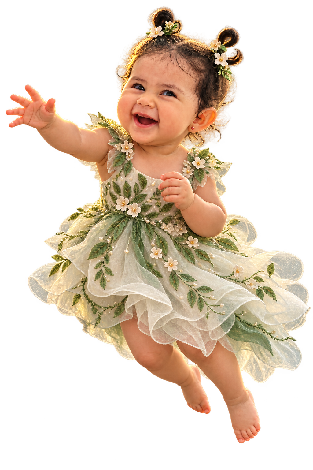 Bruna volando con sus alitas abiertas y un vestido de flores